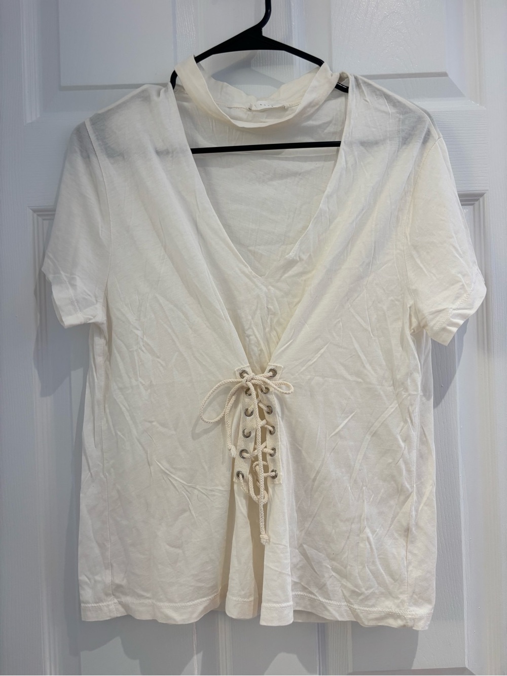 Lush Cream Lace-Up V-Neck Short Sleeve Top